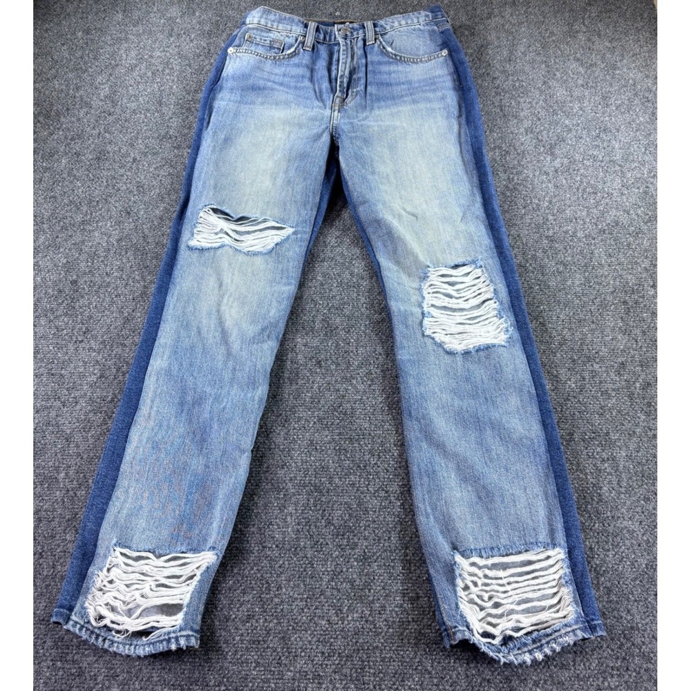 7 For All Mankind Straight Jeans Womens 27 Blue Two-Tone Distressed High Rise
